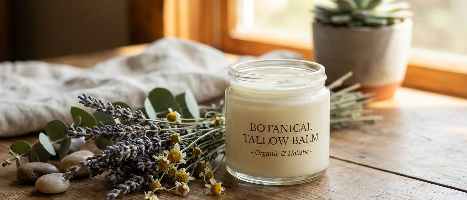 Elegant glass jar of natural tallow balm on rustic wooden surface with dried herbs and botanical elements