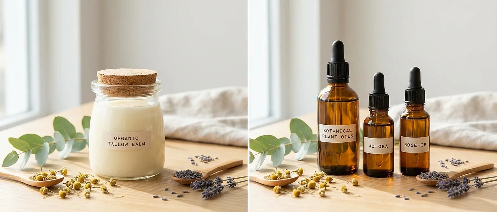 Comparison of natural skincare ingredients with tallow balm and botanical plant oils on wooden surface