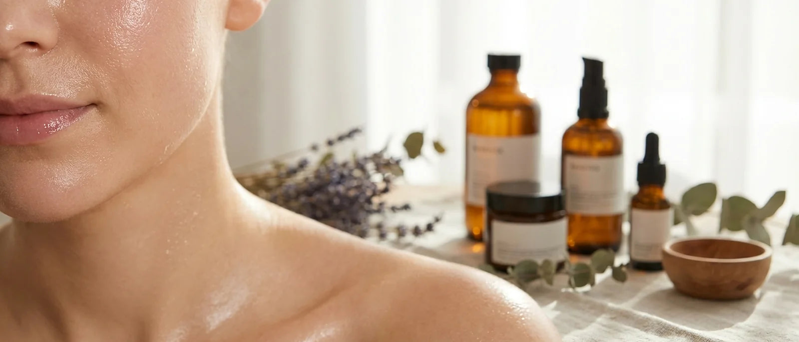 Healthy skin with visible moisture barrier, natural skincare products in background with soft morning light
