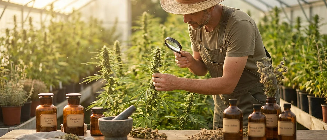 Hemp plants in a sunlit greenhouse being inspected for quality, representing the careful sourcing process for premium CBD extraction
