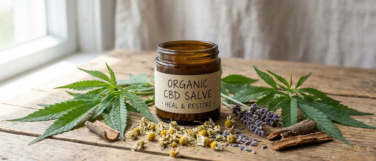 Natural CBD salve in amber glass jar surrounded by hemp leaves and medicinal herbs on rustic wooden surface