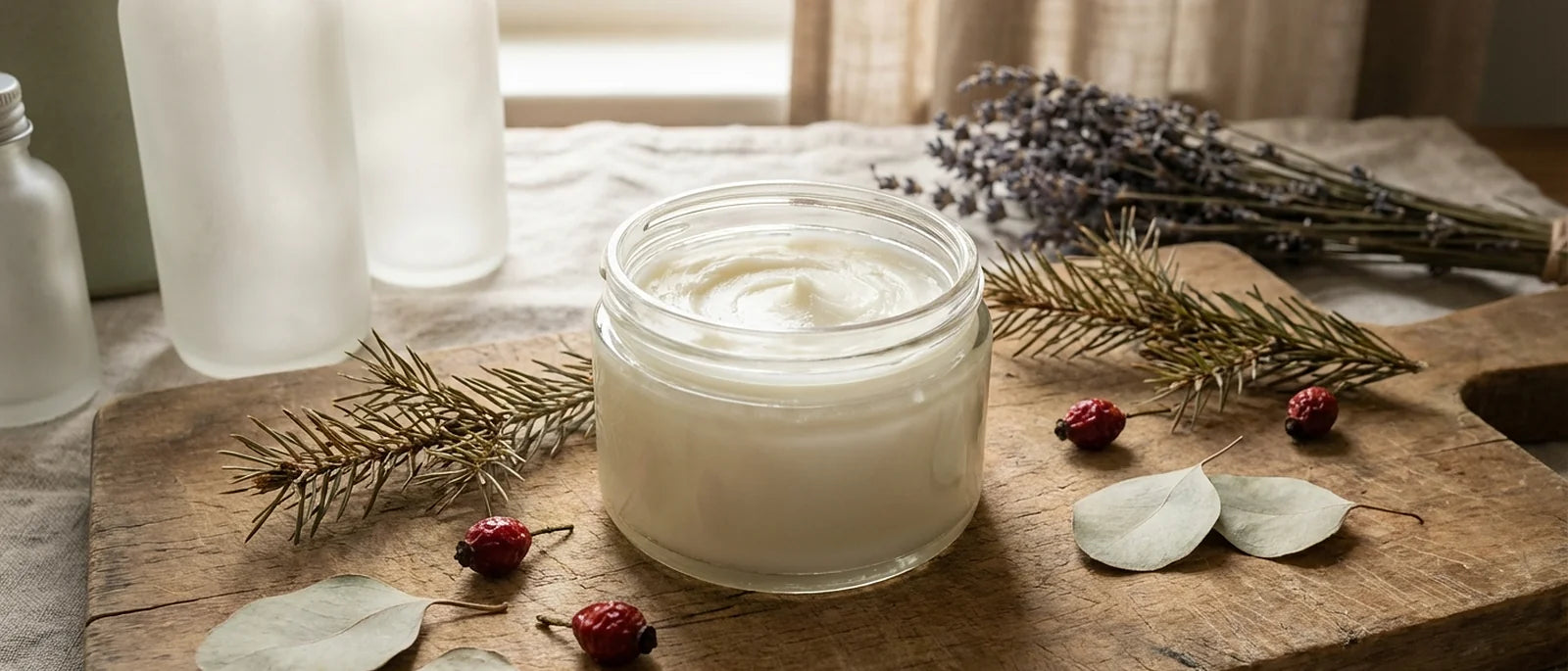 Natural tallow balm in an elegant glass jar with winter botanicals on rustic wooden surface