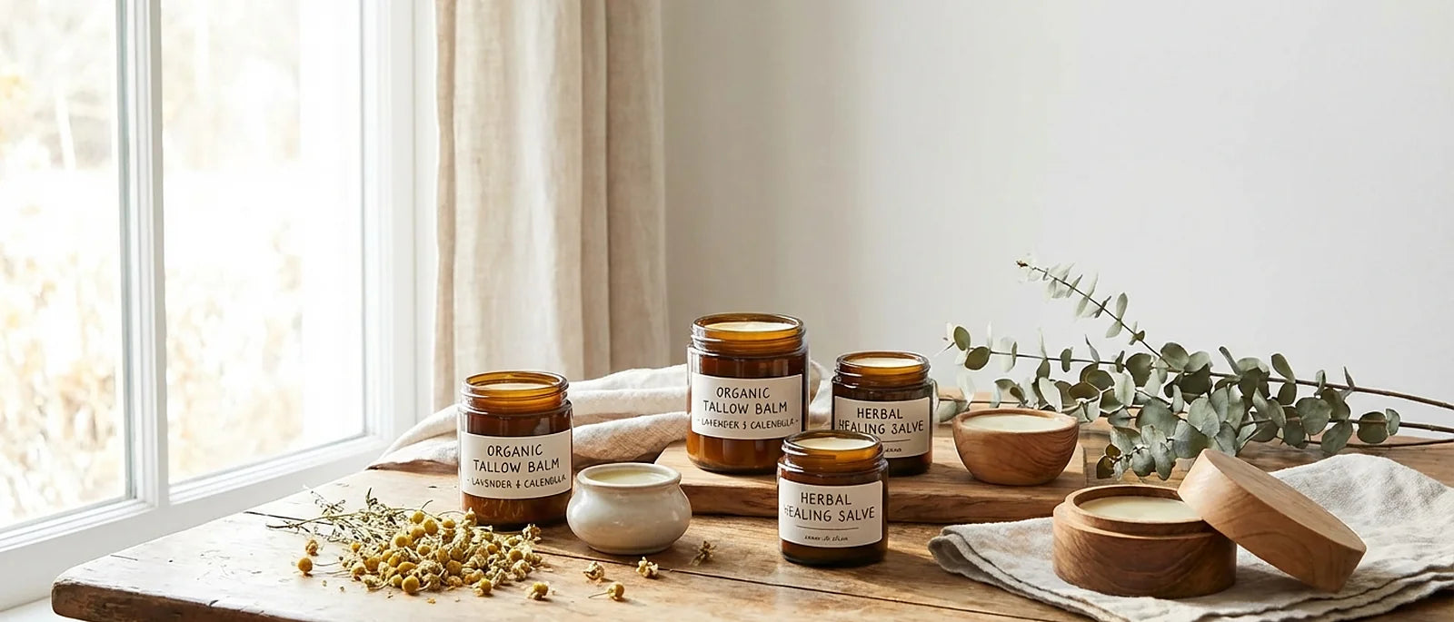 Natural tallow-based moisturizer products arranged on rustic wooden surface with dried botanicals