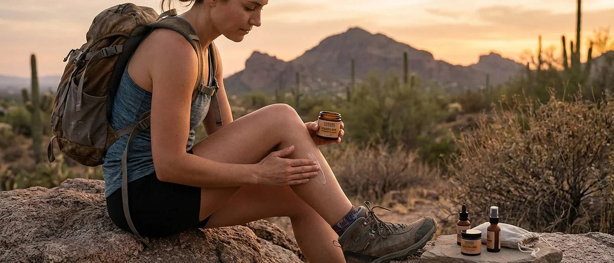 Hiker recovering after climbing Camelback Mountain trail in Arizona desert