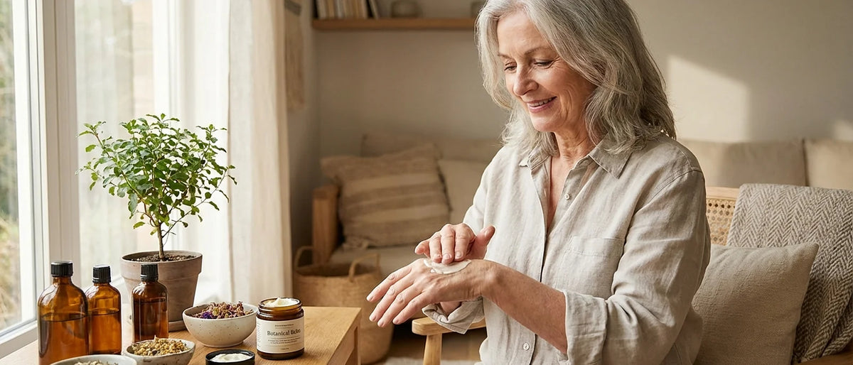 Senior woman applying natural cream to hands in comfortable home setting with natural lighting