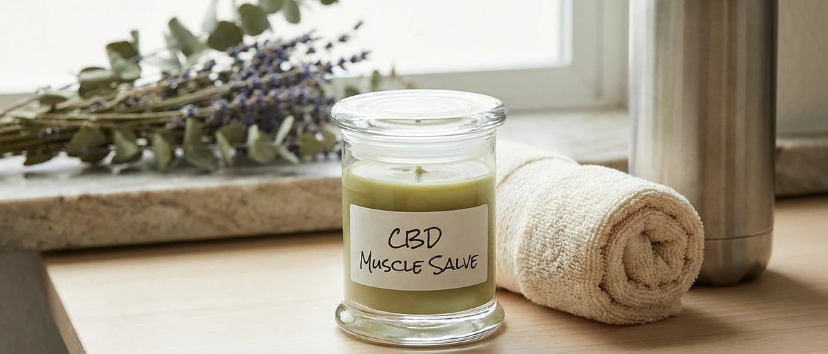 Natural CBD muscle salve in elegant jar with athletic recovery products and gym towel