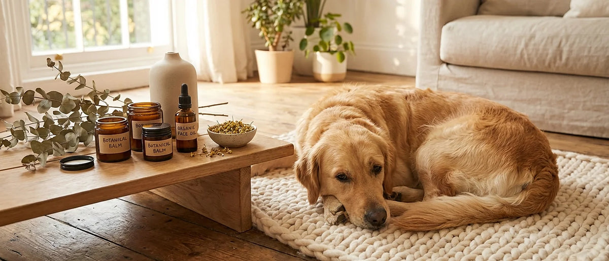 Happy healthy dog resting peacefully on cozy blanket near natural wellness products in warm home setting