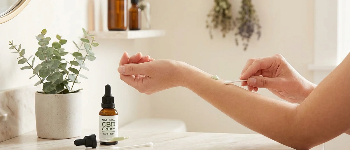 Woman performing patch test on inner forearm with natural CBD cream for skin safety testing