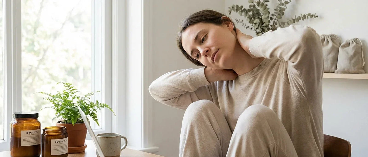 Person at desk stretching neck and shoulders during work break for tension relief