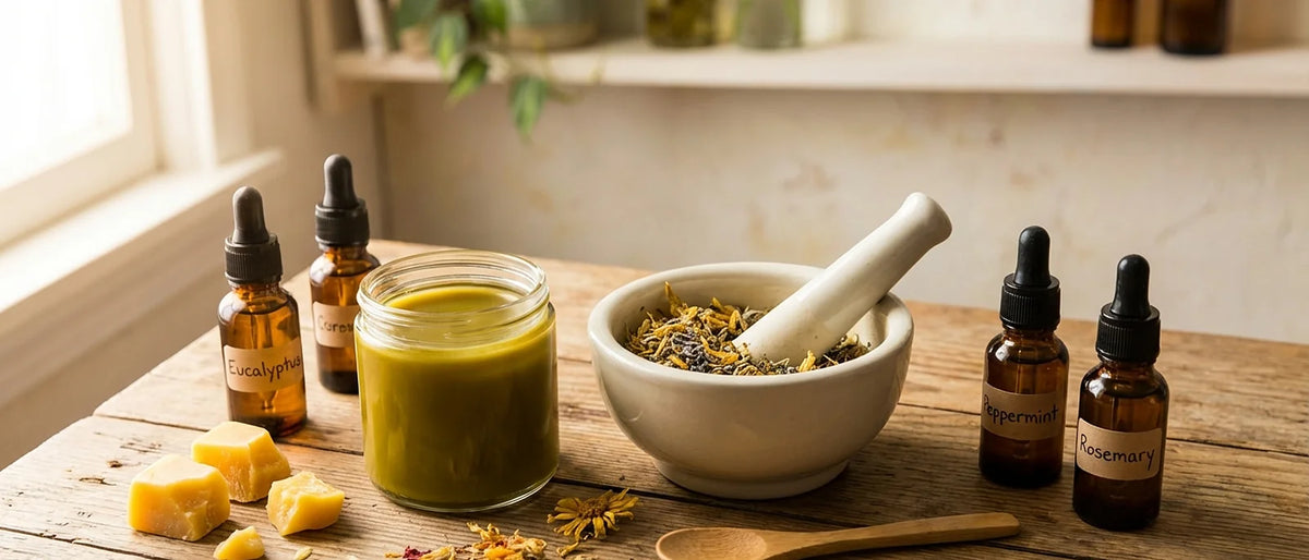 Flat lay of homemade muscle salve ingredients including glass jar, dried herbs, essential oils, and natural ingredients on rustic wooden table