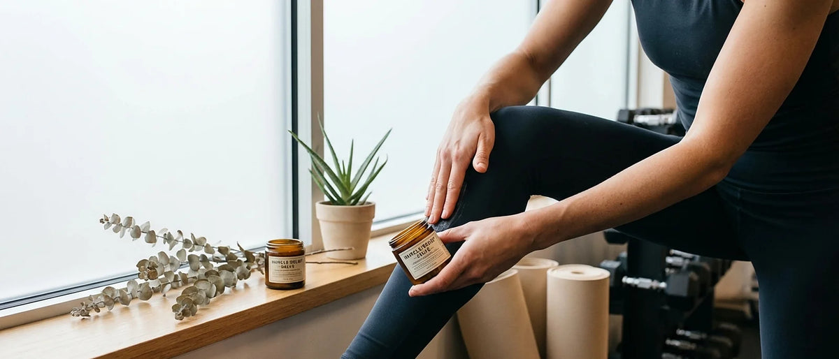 Person applying natural muscle salve after workout in modern gym setting with wellness equipment