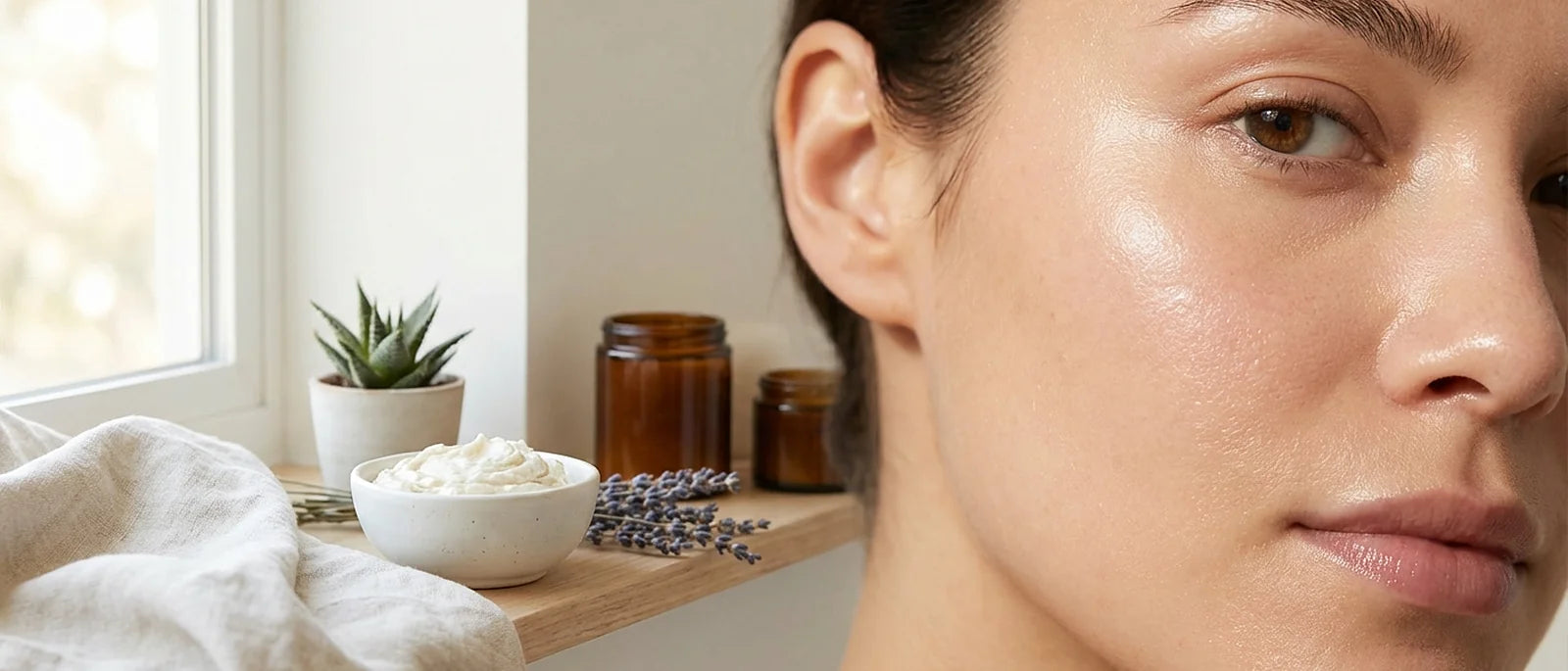 Woman's radiant glowing skin with healthy dewy finish, natural window lighting highlighting luminous complexion