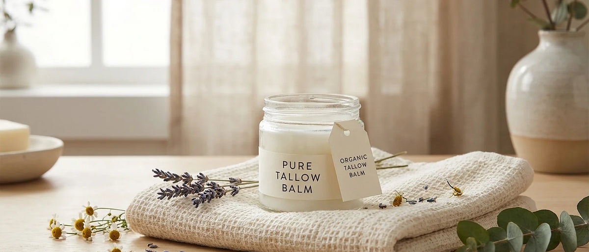 Pure white fragrance-free tallow balm in glass jar on white cotton towel in minimal spa setting