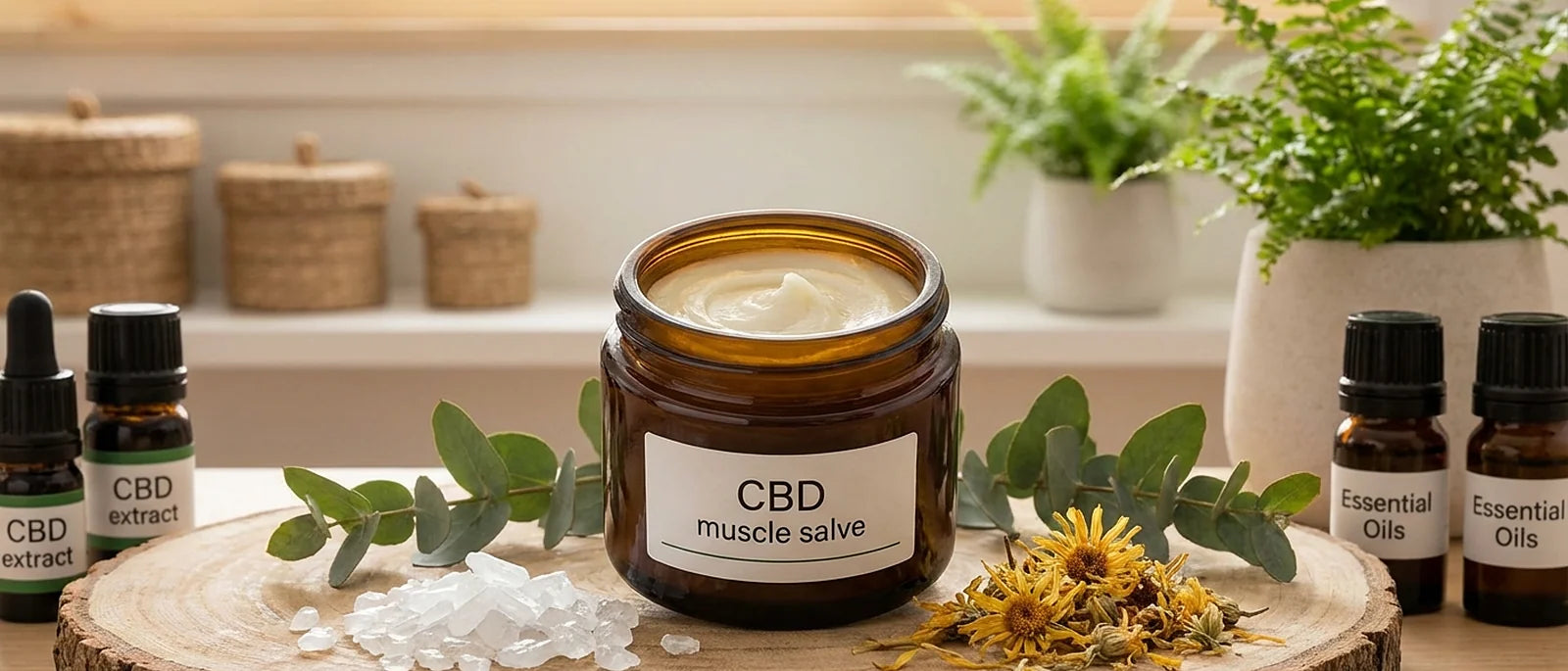 High-potency CBD muscle salve in glass jar with natural ingredients on wooden surface