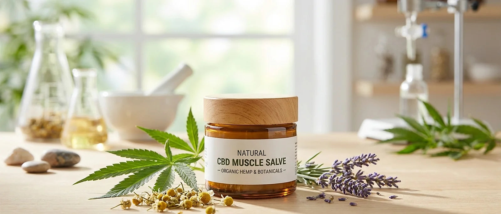 Natural CBD muscle salve in amber glass jar with hemp leaves and medicinal herbs, professional product photography showing quality and transparency