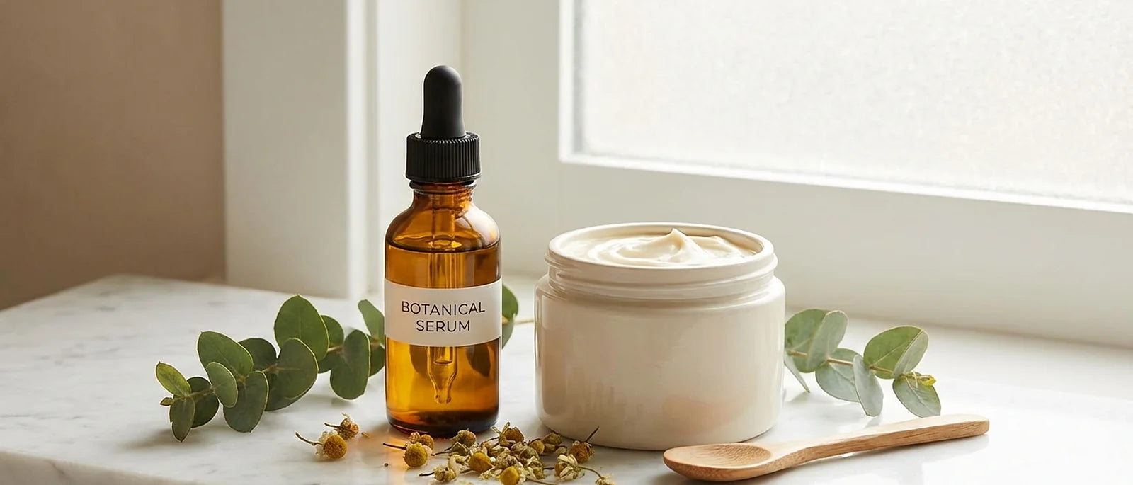 Elegant skincare layering scene with serum bottle and natural cream jar on marble counter with soft bathroom lighting