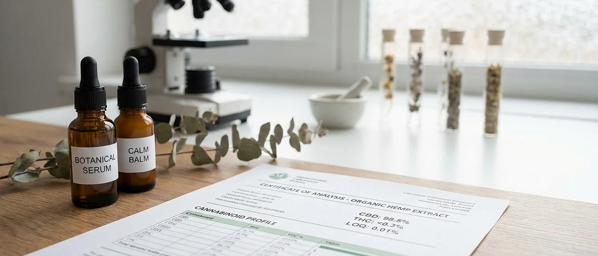 Scientific laboratory certificate of analysis document showing CBD cannabinoid test results with professional lab equipment in background