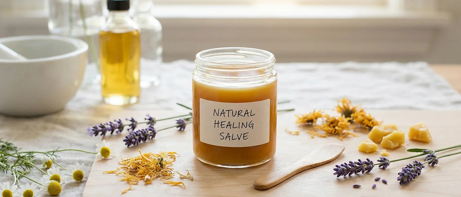 Glass jar of natural healing salve on wooden surface with spatula and fresh herbs, clean minimalist product photography