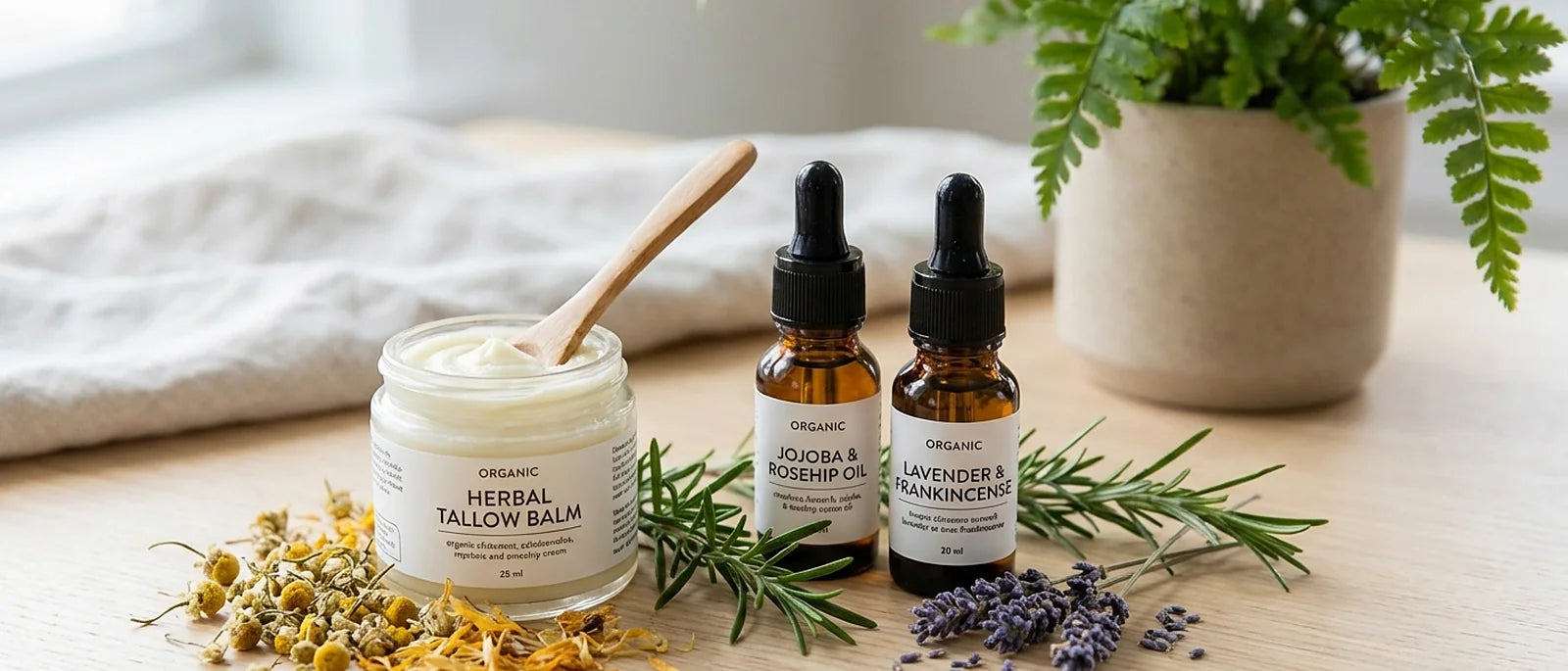 Natural tallow-based moisturizer in glass jar alongside botanical plant oils in amber bottles with fresh herbs on wooden surface