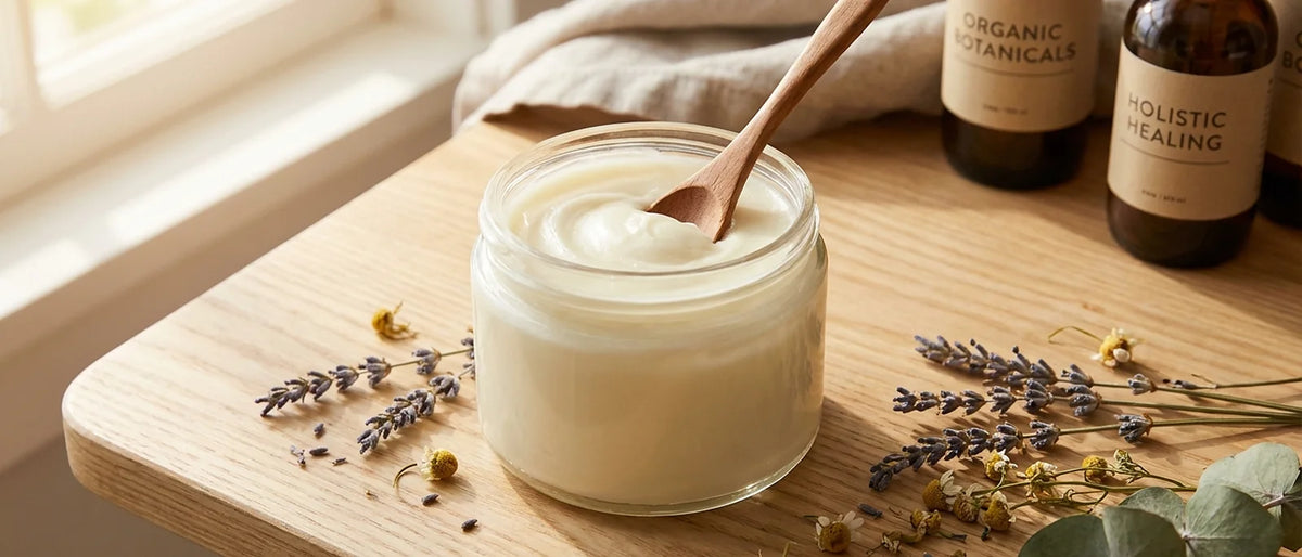 Natural tallow-based moisturizer in a glass jar with botanical herbs on wooden surface