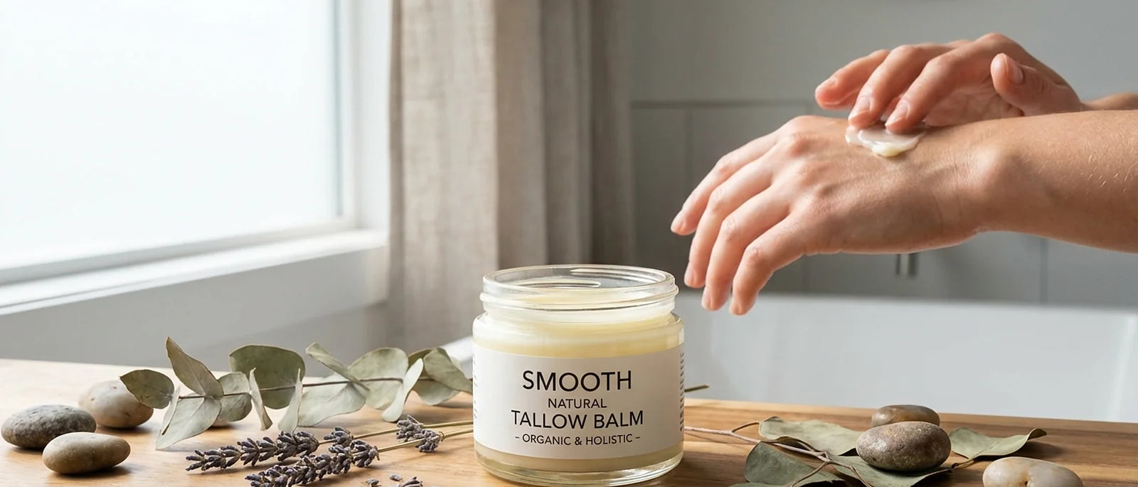 Natural tallow-based moisturizer in a glass jar with soft lighting representing clean skincare for acne-prone skin