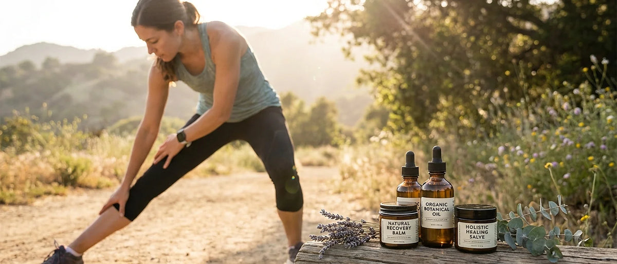 Runner stretching IT band on outdoor trail, demonstrating proper stretching technique for IT band syndrome recovery