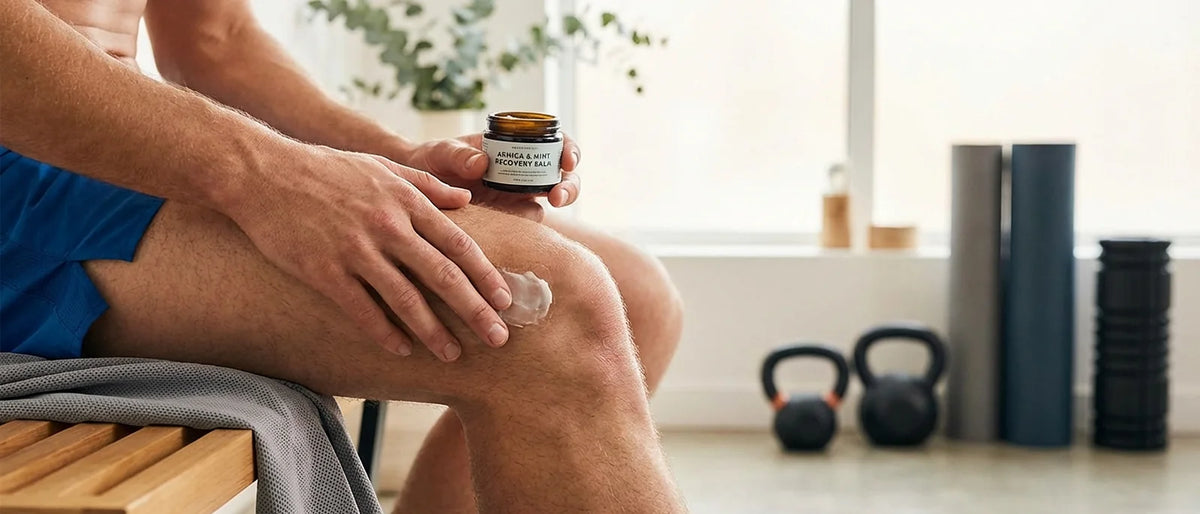 Natural cooling salve being applied to runner's knee for post-workout recovery