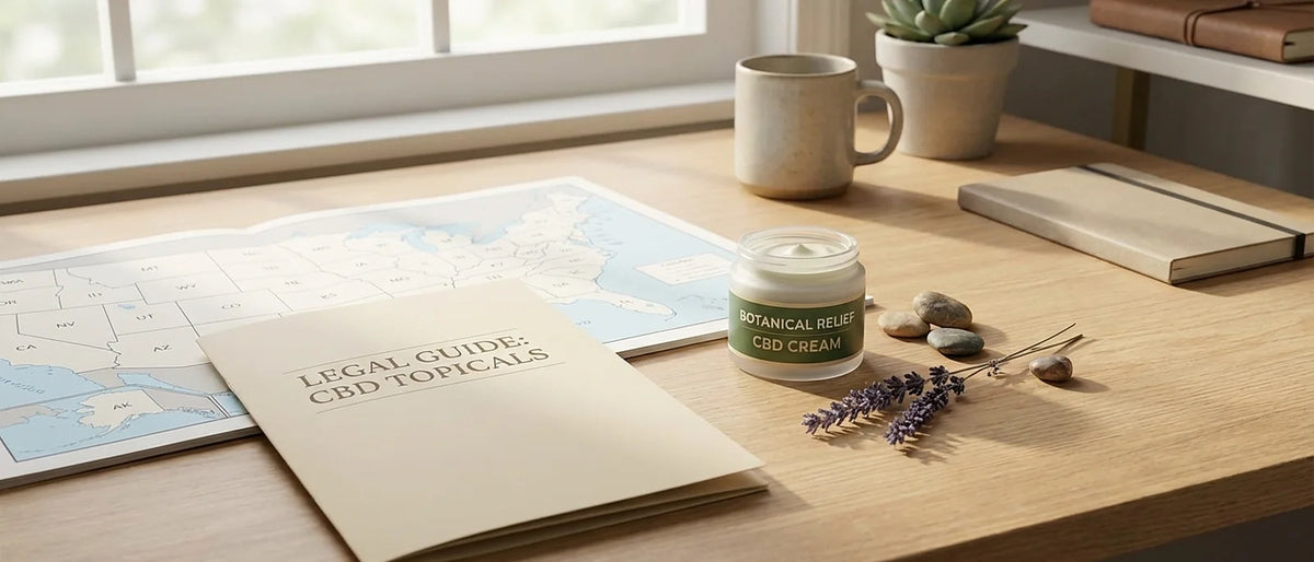 Legal documents and CBD topical products with US map, professional regulatory guide aesthetic