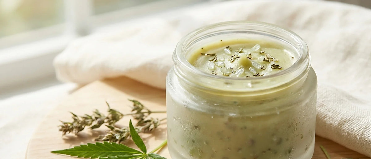 Natural cooling balm with menthol crystals and hemp leaves on wooden surface