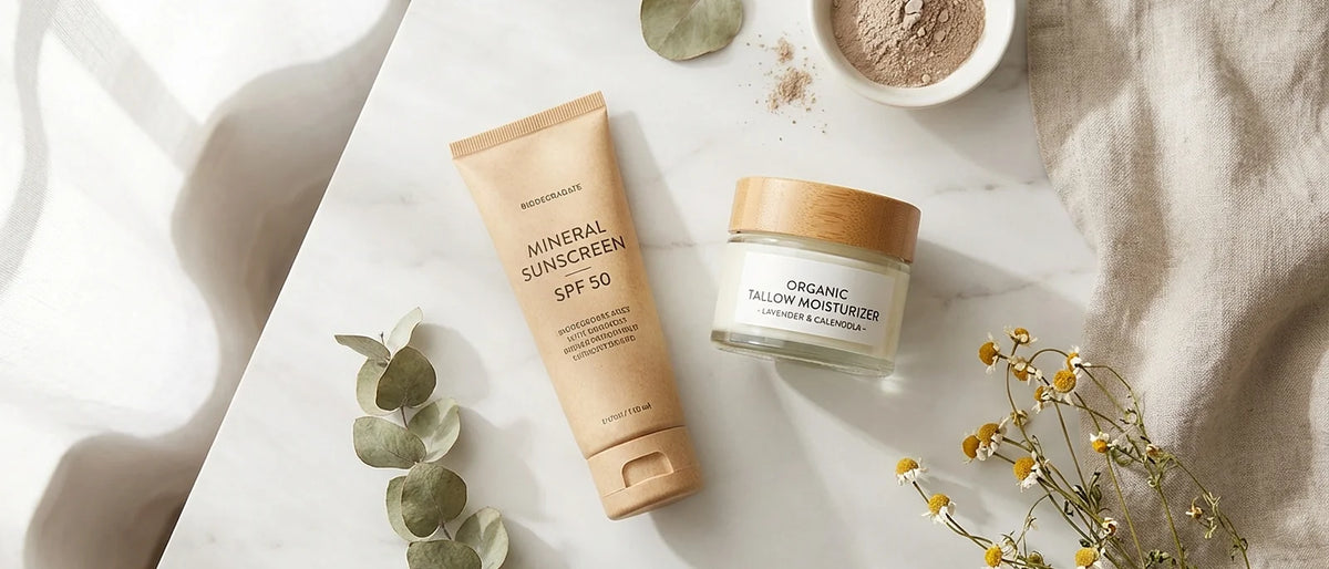 Natural skincare routine with mineral sunscreen and rich moisturizer on marble surface with botanical elements