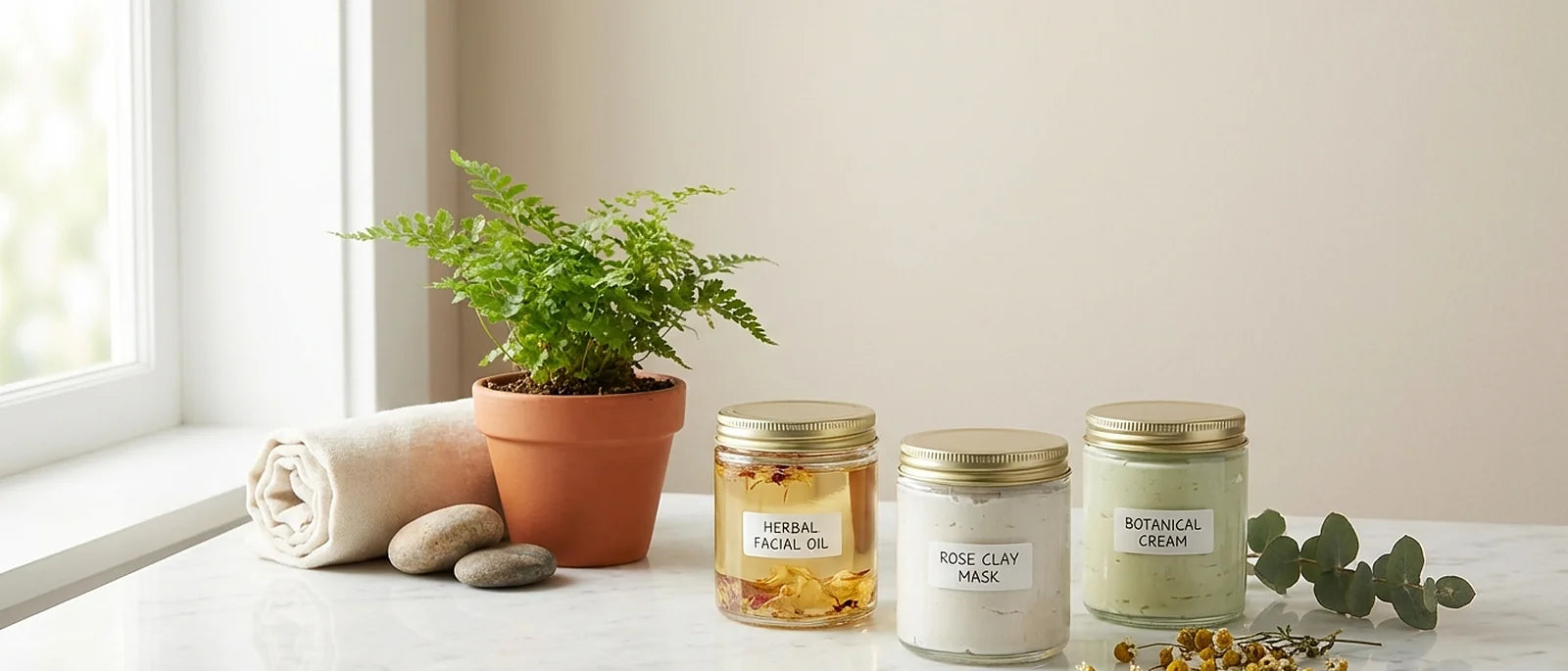 Minimalist bathroom counter with three elegant glass jars of natural skincare products on white marble