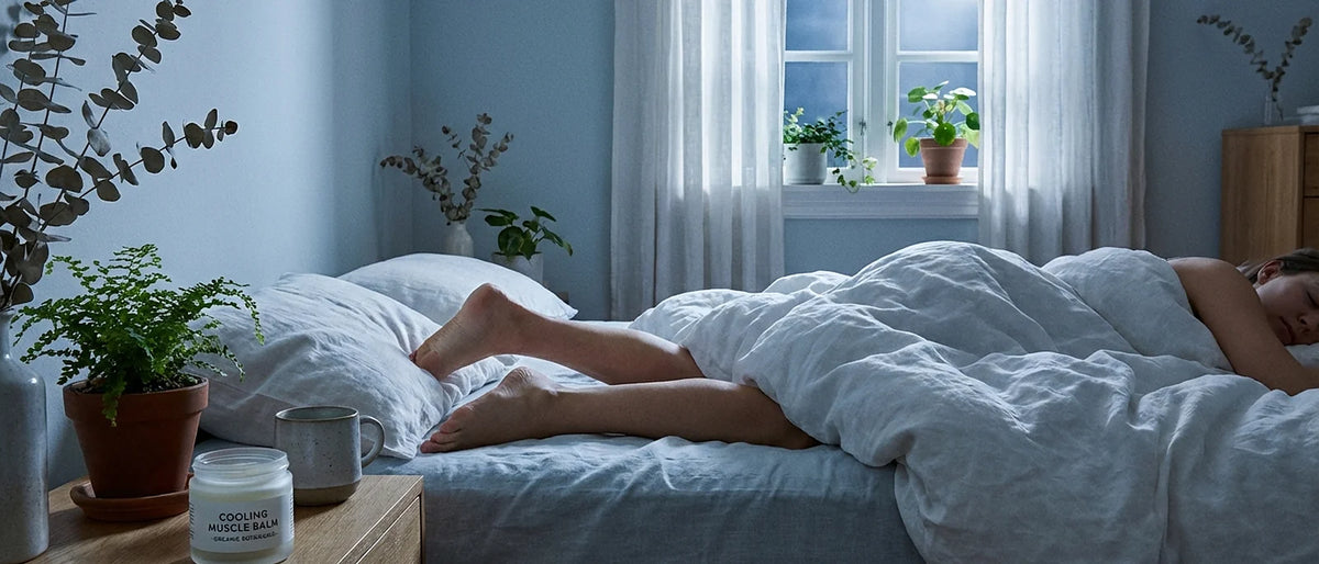 Person sleeping peacefully in bed with relaxed legs, cooling muscle balm on bedside table, serene nighttime bedroom setting