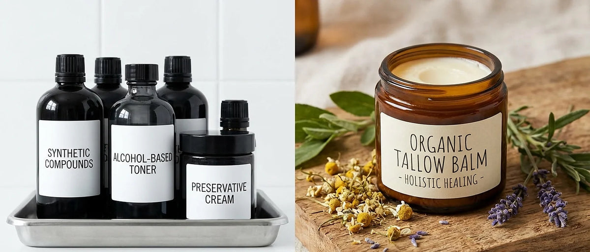 Split composition showing natural tallow skincare balm with organic botanicals beside clinical chemical bottles, contrasting gentle versus harsh skincare approaches