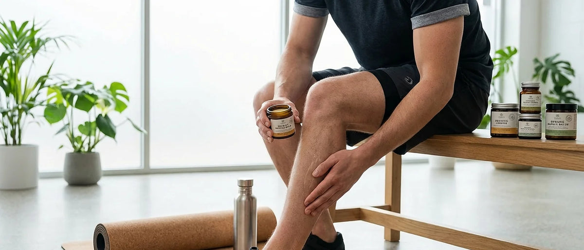 Athlete applying natural healing balm to sore leg muscles after workout for post-exercise recovery