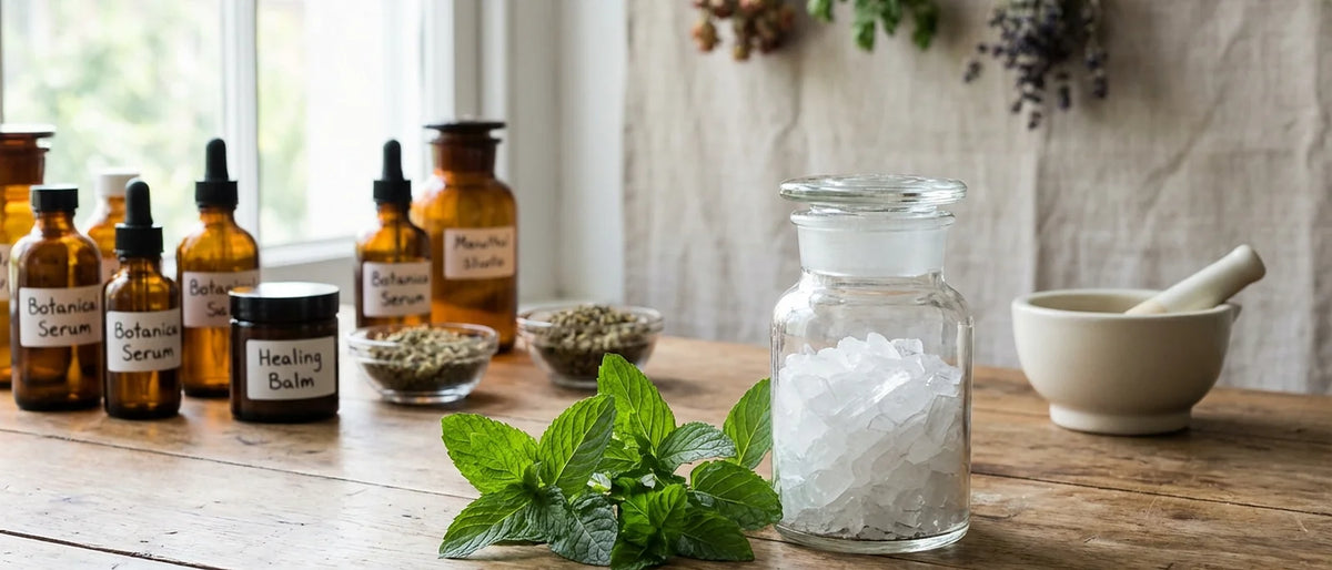 Fresh peppermint leaves next to menthol crystals on a wooden surface illustrating natural botanical ingredients