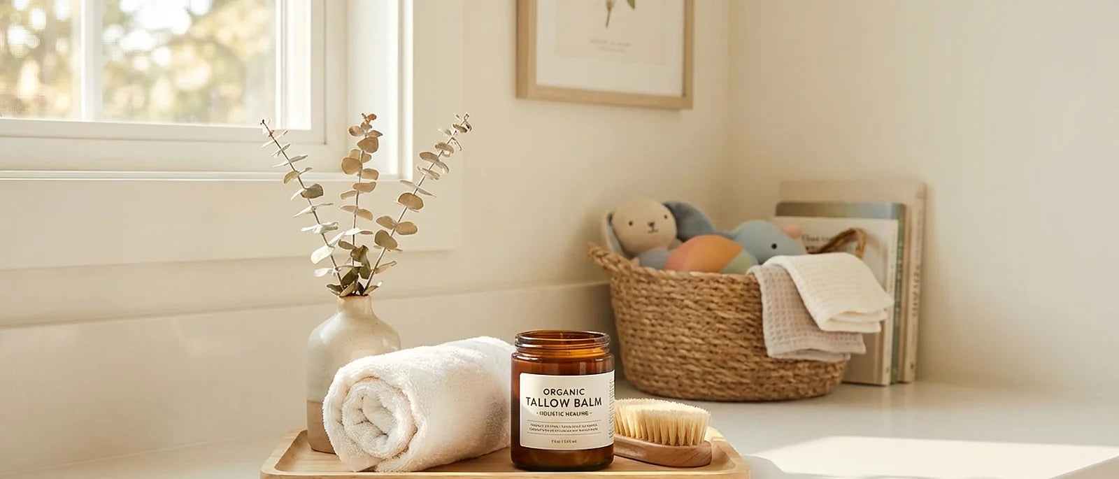 Natural tallow balm jar with family skincare items in clean bathroom setting
