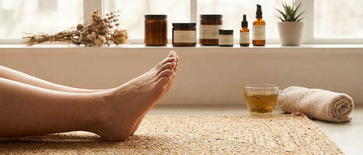 Person's feet in morning stretching position on yoga mat with natural window lighting