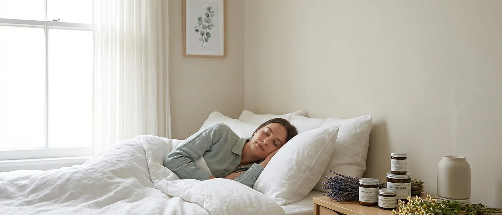 Peaceful medical recovery scene with person resting in clean bedding with natural wellness products on bedside table