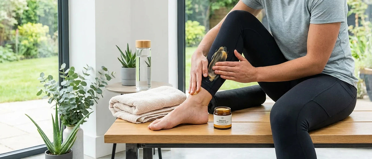 Athletic person applying natural healing balm to leg muscles after workout in a gym setting