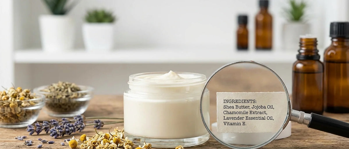 Natural skincare ingredient label examination with glass jar and botanical elements on wooden surface