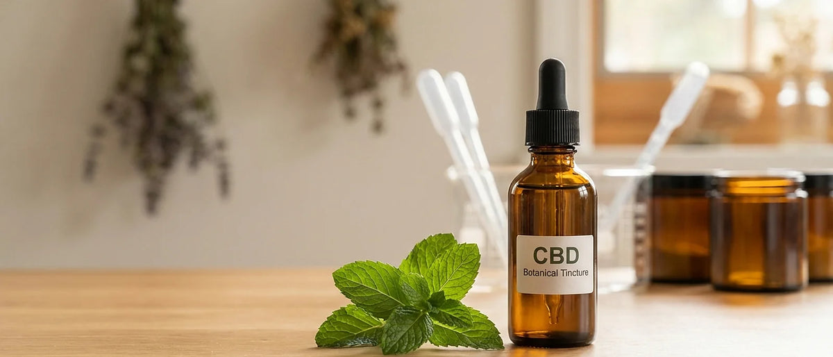 CBD oil and fresh peppermint leaves with laboratory equipment showing the scientific research behind muscle recovery ingredients