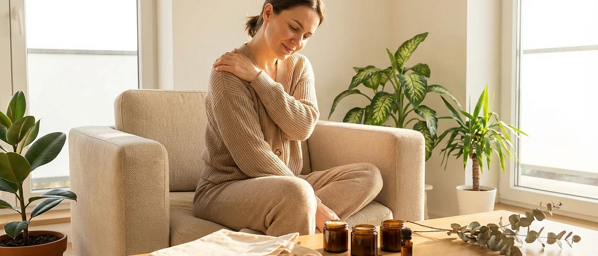 Woman gently rubbing her shoulder after carrying heavy shopping bags, showing relief and self-care