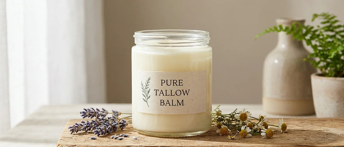 Elegant glass jar of rich, creamy tallow balm on rustic wooden surface with minimalist aesthetic