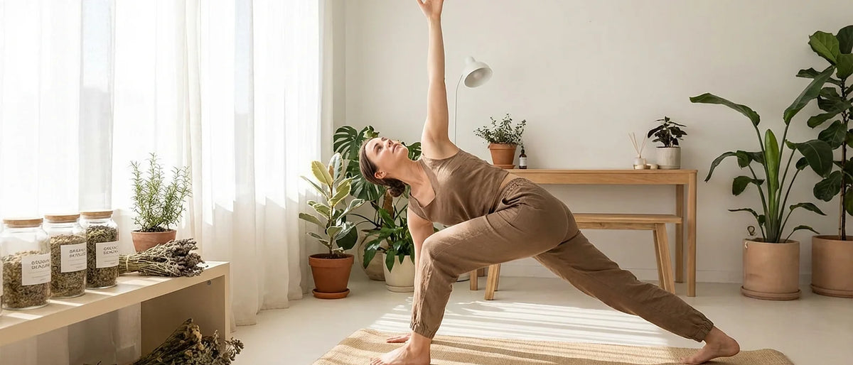 Woman performing a gentle stretching routine on a yoga mat in a bright, peaceful room with natural lighting