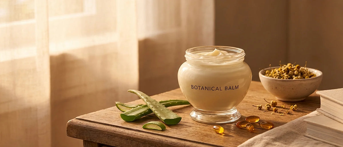 Natural tallow-based moisturizer in elegant glass jar with aloe vera, vitamin E, and chamomile flowers on bedside table at golden hour
