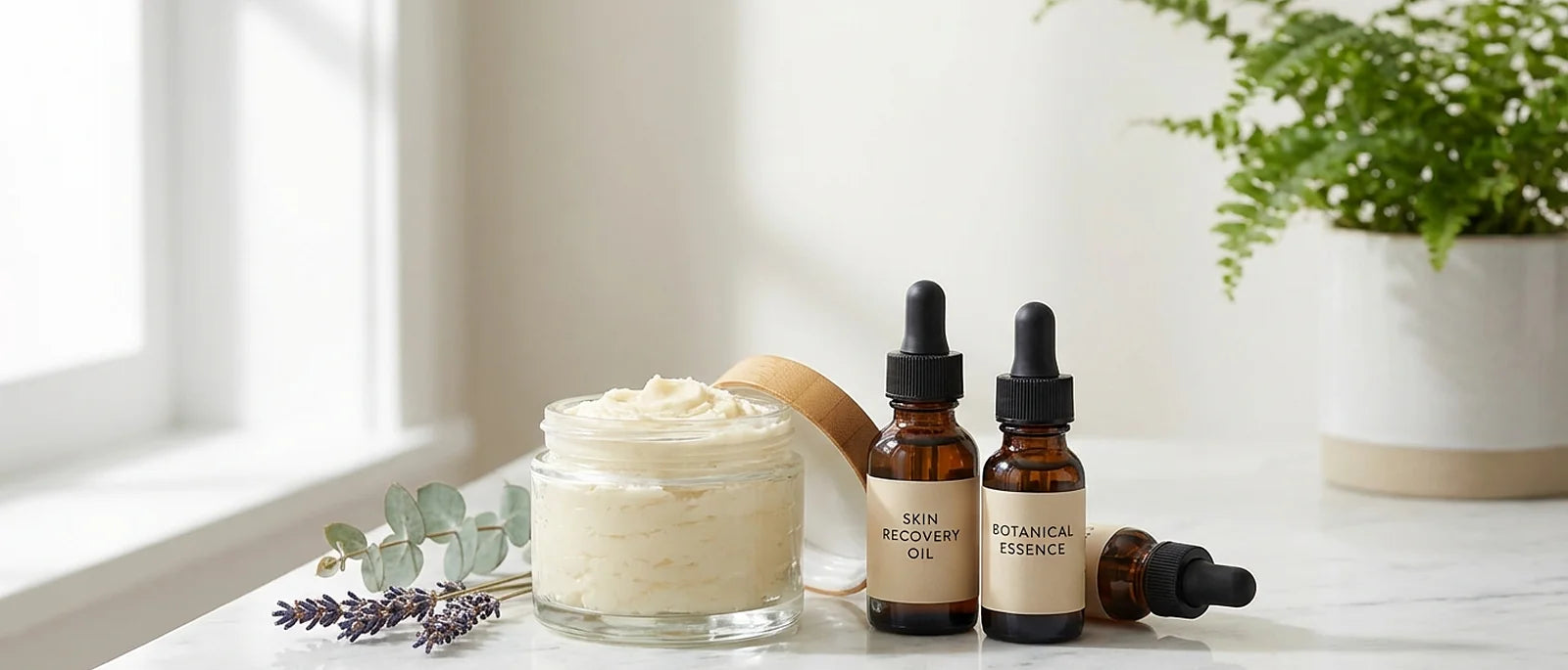 Natural tallow-based moisturizer in glass jar next to amber prescription bottles on marble surface