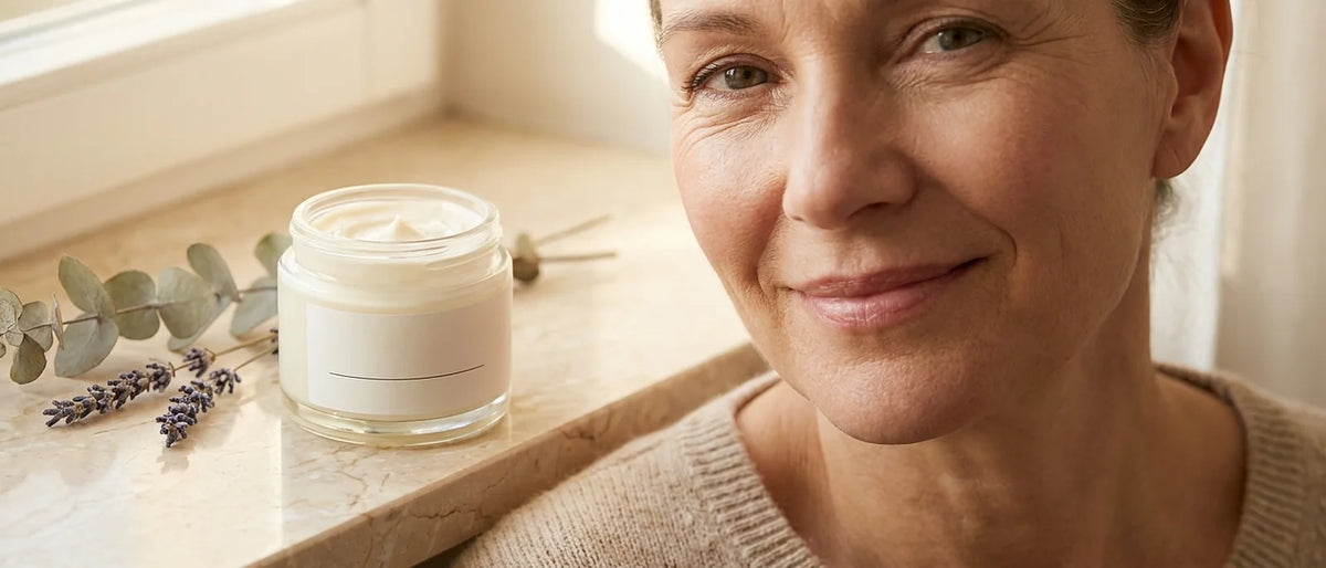 Mature woman with healthy, radiant skin and natural tallow cream jar, representing gentle anti-aging skincare