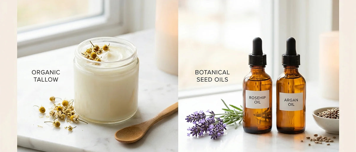 Comparison of natural tallow cream in glass jar alongside amber seed oil bottles on marble surface