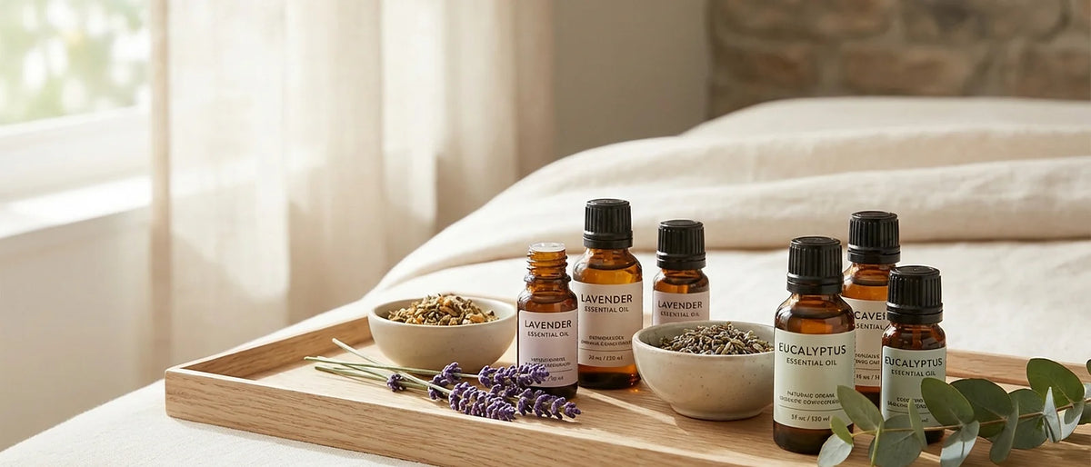 Essential oil bottles and natural aromatherapy ingredients in a peaceful wellness setting with lavender and eucalyptus