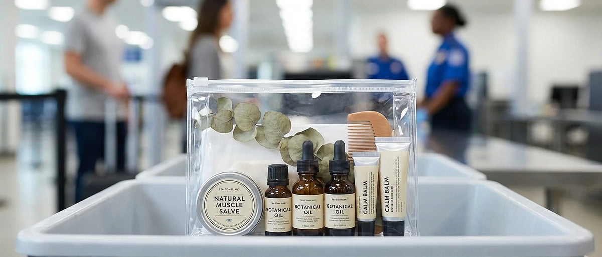 Natural muscle salve in TSA-compliant toiletry bag with travel essentials at airport security checkpoint
